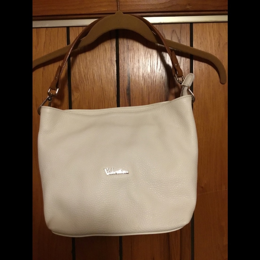 Valentina White pebbled bag with tan handle